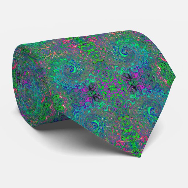 Trippy Chartreuse and Blue Retro Liquid Swirl Neck Tie (Rolled)
