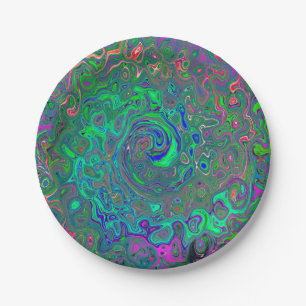 Trippy Chartreuse and Blue Retro Liquid Swirl Paper Plates