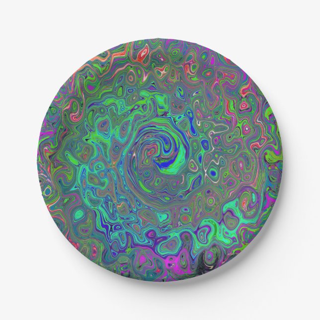 Trippy Chartreuse and Blue Retro Liquid Swirl Paper Plates (Front)