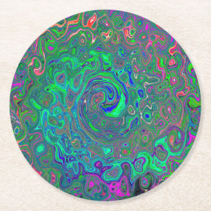 Trippy Chartreuse and Blue Retro Liquid Swirl Round Paper Coaster
