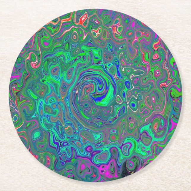 Trippy Chartreuse and Blue Retro Liquid Swirl Round Paper Coaster (Front)