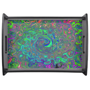 Trippy Chartreuse and Blue Retro Liquid Swirl Serving Tray