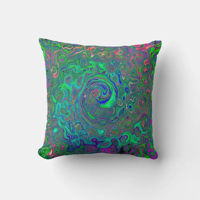 Trippy Chartreuse and Blue Retro Liquid Swirl Throw Pillow (Front)