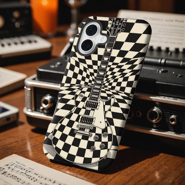 Trippy Checkered Electric Guitar Black and White iPhone Case (Trippy checkerboard guitar design on a surreal backdrop: bold, eye-catching, and made to stand out.)