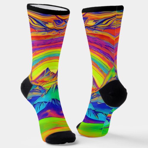 Trippy Colorful Mountains With a Sunset Far Out Socks