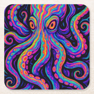 Trippy Colorful Octopus Square Paper Coaster