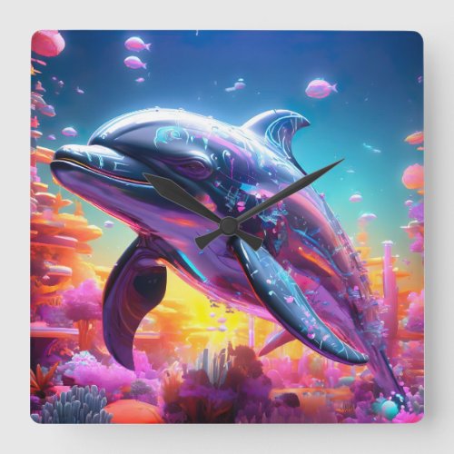Trippy dolphin square wall clock