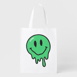 Trippy Dripping Green Melting Smiley Face Aestheti Grocery Bag