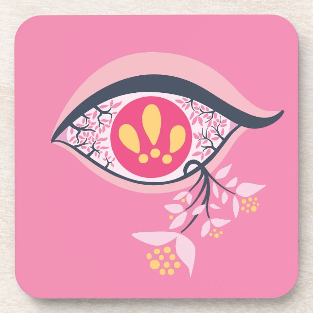 ﻿﻿Trippy Eye Pink Floral Psychedelic Surrealist Beverage Coaster (Front)
