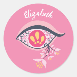 ﻿﻿Trippy Eye Pink Floral Psychedelic Surrealist Classic Round Sticker