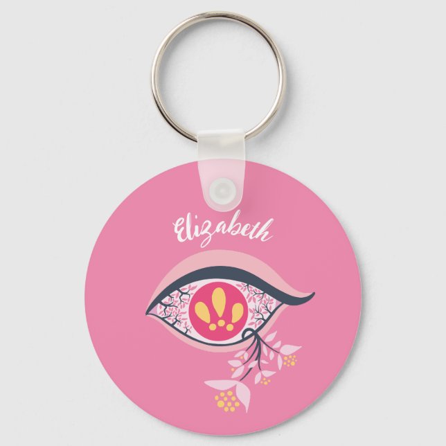 ﻿﻿Trippy Eye Pink Floral Psychedelic Surrealist Keychain (Front)