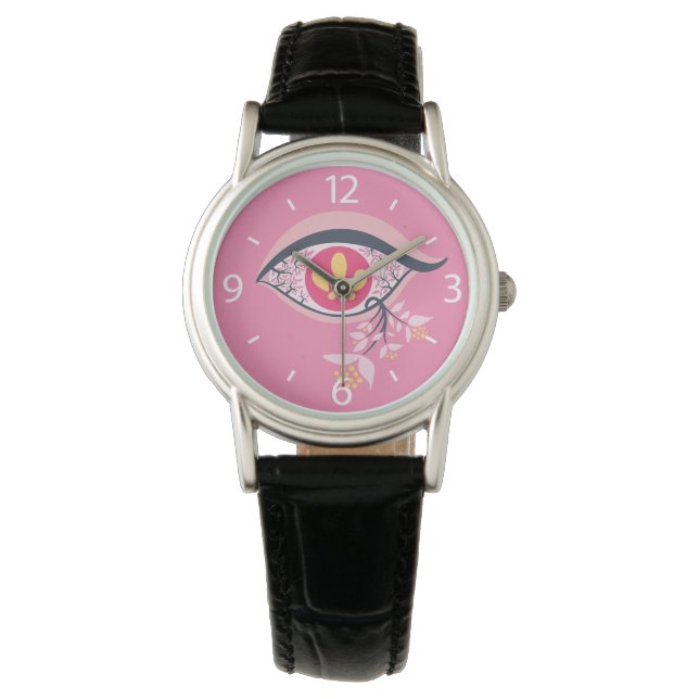 ﻿﻿Trippy Eye Pink Floral Psychedelic Surrealist Watch (Front)