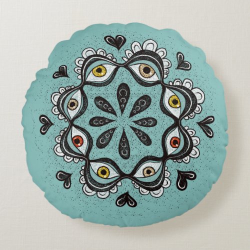 Trippy Eyes with Hearts Boho Gothic Weirdcore Art Round Pillow