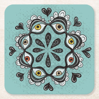 Trippy Eyes with Hearts Boho Gothic Weirdcore Art Square Paper Coaster