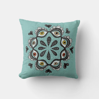 Trippy Eyes with Hearts Surreal Art - Ink Drawing Throw Pillow