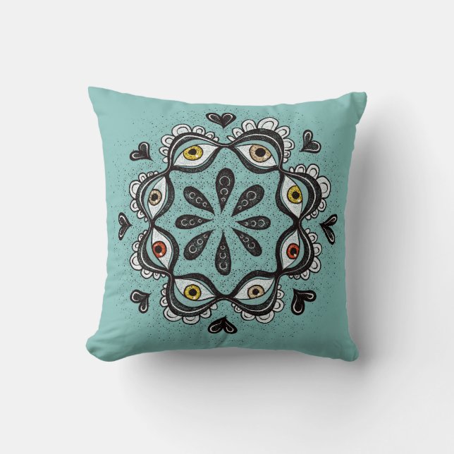 Trippy Eyes with Hearts Surreal Art - Ink Drawing Throw Pillow (Front)