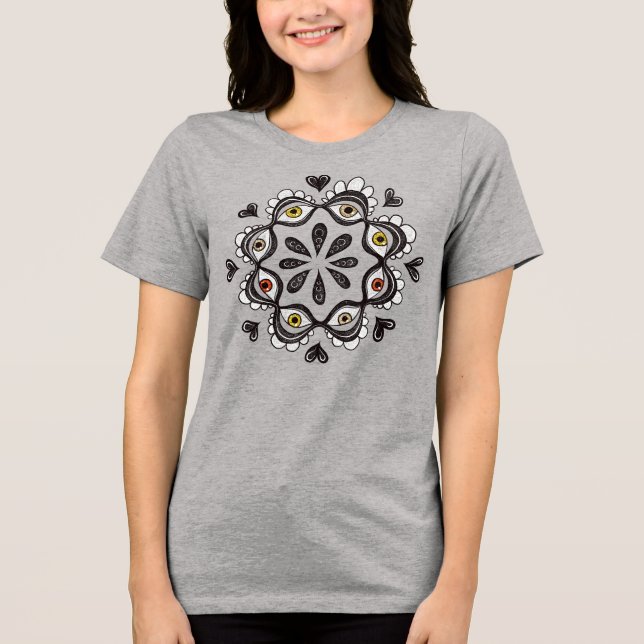 Trippy Eyes with Hearts Surreal Art - Ink Drawing Tri-Blend Shirt (Front)