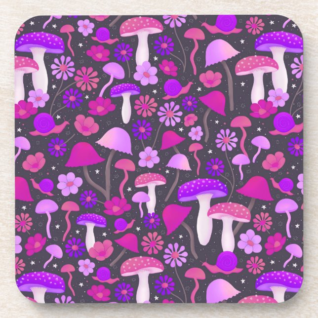 Trippy Floral Mushrooms Pink, Purple & Black Beverage Coaster (Front)