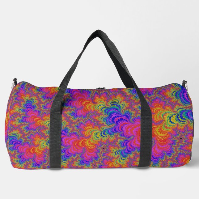 Trippy Funky Bold Vibrant Rainbow Abstract Fractal Duffle Bag (Front)