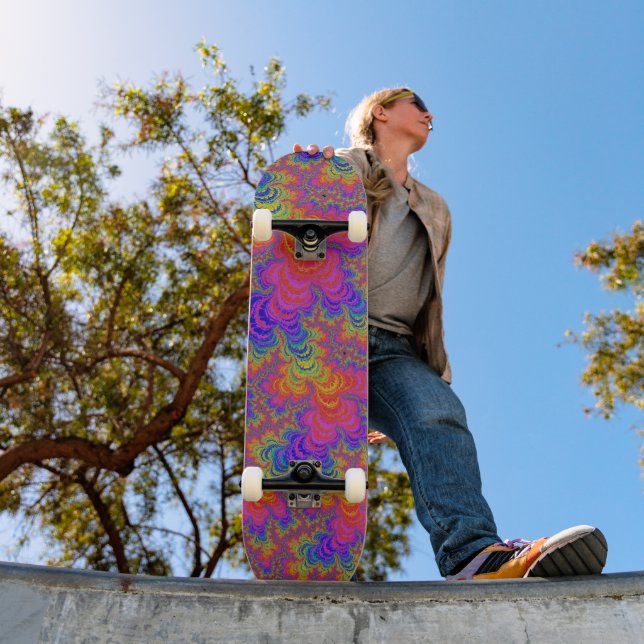 Trippy Funky Bold Vibrant Rainbow Abstract Fractal Skateboard (Outdoor 1)