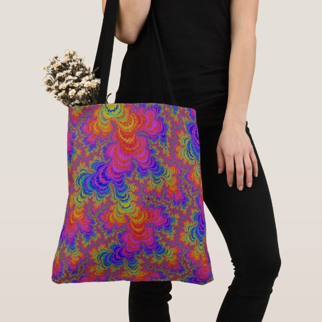 Trippy Funky Bold Vibrant Rainbow Abstract Fractal Tote Bag (Close Up)