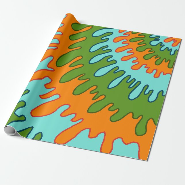 Trippy Green Orange Liquid Drip Stripe Y2K Pattern Wrapping Paper (Unrolled)