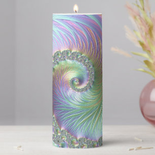 Trippy Groovy Pastel Rainbow Spiral Fractal Art Pillar Candle