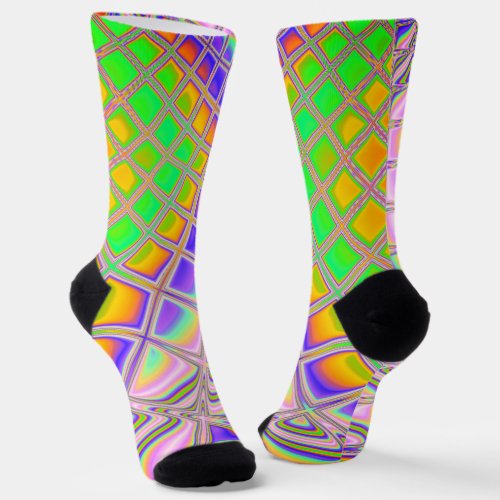 Trippy Groovy Vibrant Abstract Digital Fractal Art Socks