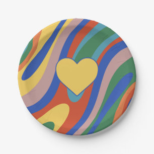Trippy Heart Colorful Retro Pop Abstract Pattern Paper Plates