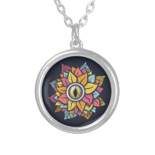 Trippy Hippie Colorful Psychedelic Eye Flower Silver Plated Necklace