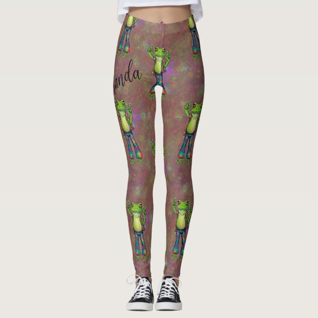 Trippy Hippie Psychedelic Frog Peace Retro Custom Leggings (Front)