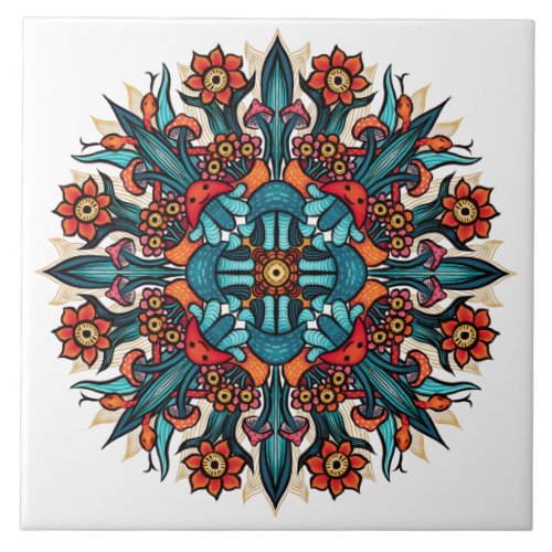 Trippy hippie psychedelic groovy mushroom mandala ceramic tile