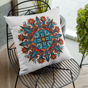 Trippy hippie psychedelic groovy mushroom mandala throw pillow