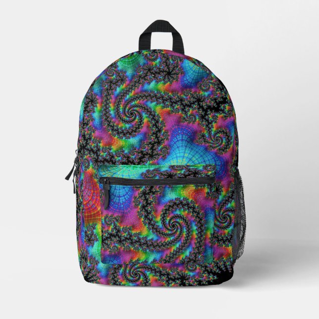Trippy Hippie Psychedelic Rainbow Spiral Fractal Printed Backpack (Front)