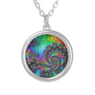 Trippy Hippie Psychedelic Rainbow Spiral Fractal Silver Plated Necklace