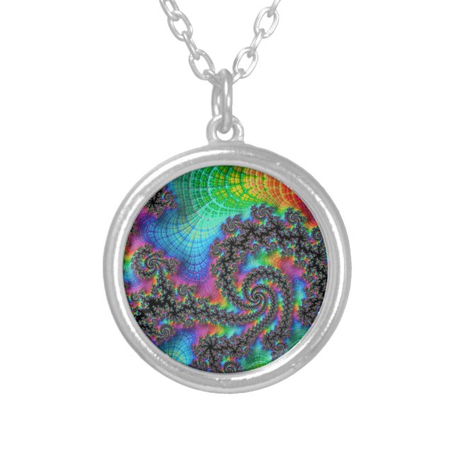 Trippy Hippie Psychedelic Rainbow Spiral Fractal Silver Plated Necklace (Front)