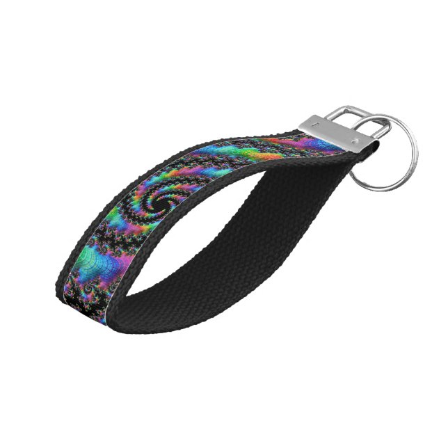 Trippy Hippie Psychedelic Rainbow Spiral Fractal Wrist Keychain (Angled Up)