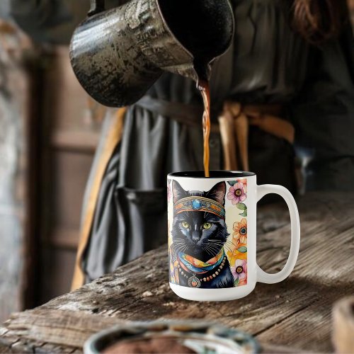    Trippy Hippy Cat with Pendant 15 oz  Two_Tone Coffee Mug