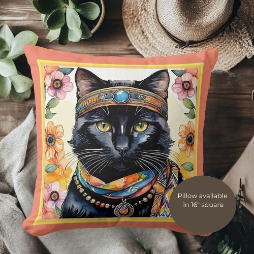 Trippy Hippy Cat with Pendant 16 inch Throw Pillow