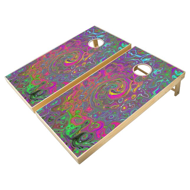 Trippy Hot Pink Abstract Retro Liquid Swirl Cornho Cornhole Set (Angled)