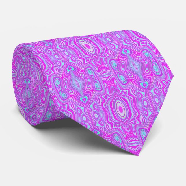 Trippy Hot Pink and Aqua Blue Abstract Pattern Neck Tie (Rolled)