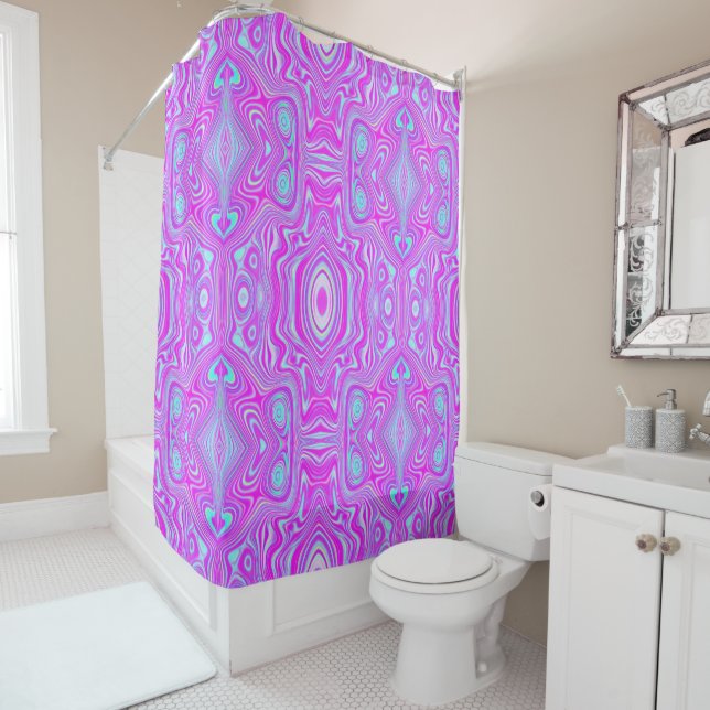 Trippy Hot Pink and Aqua Blue Abstract Pattern Shower Curtain (In Situ)
