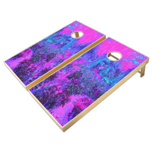 Trippy Hot Pink and Blue Impressionistic Landscape Cornhole Set