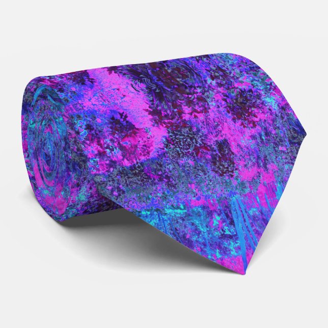 Trippy Hot Pink and Blue Impressionistic Landscape Neck Tie (Rolled)