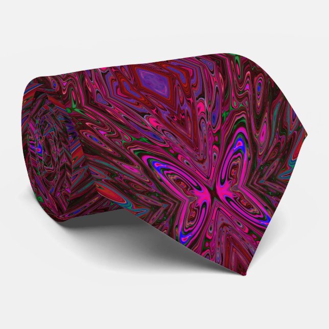 Trippy Hot Pink, Red and Blue Abstract Butterfly Neck Tie (Rolled)