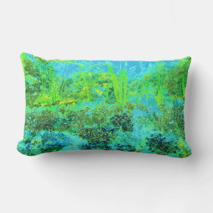 Trippy Lime Green and Blue Garden Landscape Lumbar Pillow