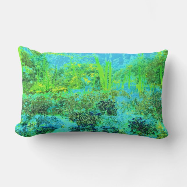 Trippy Lime Green and Blue Garden Landscape Lumbar Pillow (Front)