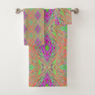 Trippy Lime Green and Orange Abstract Butterfly Bath Towel Set