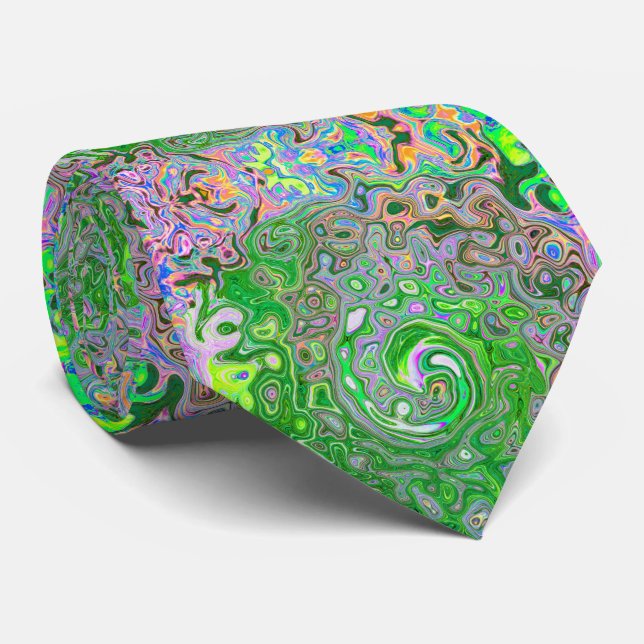 Trippy Lime Green and Pink Abstract Retro Swirl Neck Tie (Rolled)