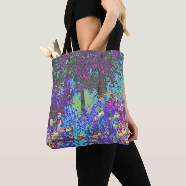 Trippy Lime Green and Purple Garden Sunrise Tote Bag (Close Up)